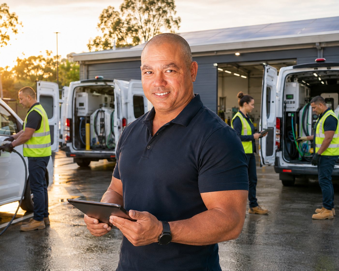 Fleet of mobile EV charging vans loaded with portable chargers at a service depot at sunrise