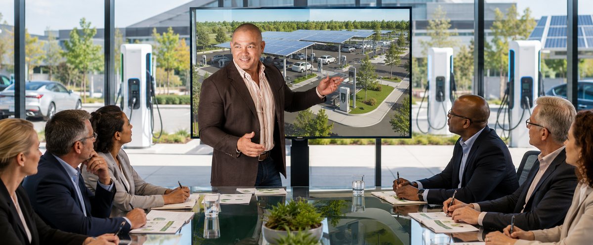 Presentation of a solar-canopy EV charging plaza design to executives in a boardroom overlooking live charging bays Presentation of a solar-canopy EV charging plaza design to executives in a boardroom overlooking live charging bays