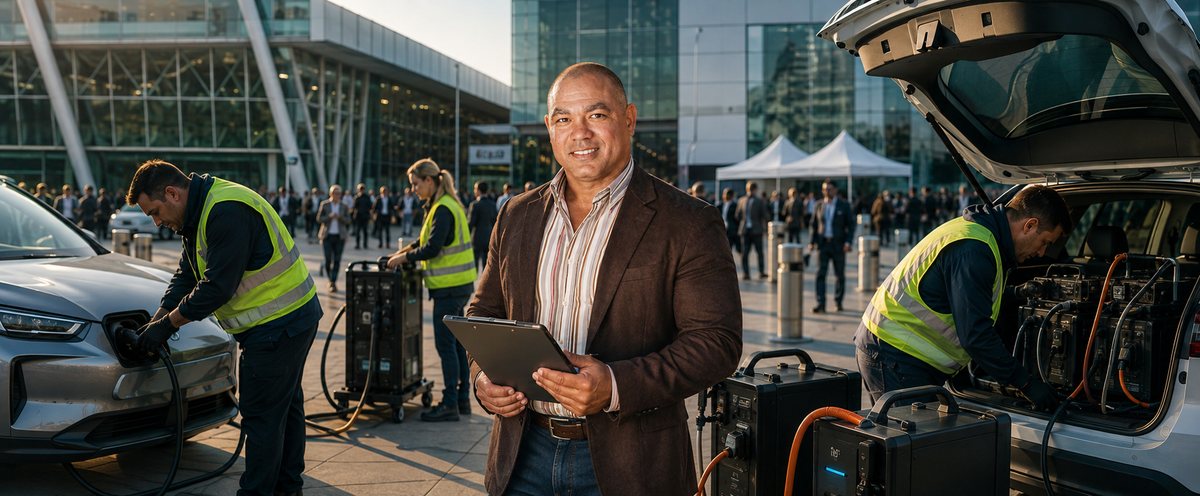 Portable battery charging units powering electric cars outside a busy conference venue while attendants connect cables