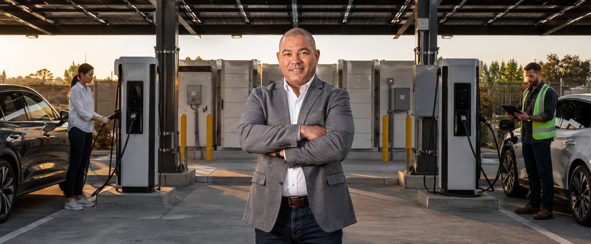 DC fast-charging plaza under a solar canopy with drivers plugging in electric SUVs at dusk